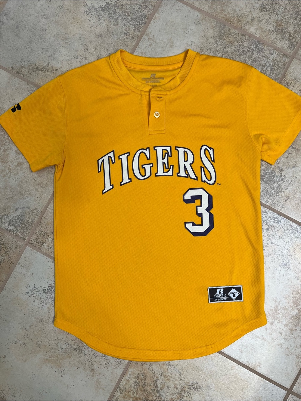 LSU Tigers Gold Baseball Jersey with Number 3